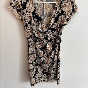 Black and Cream Paisley Dress With Black Belt Buckle And Lace Trim